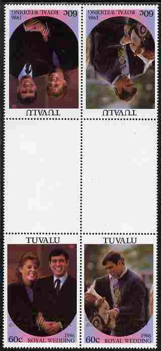 Tuvalu 1986 Royal Wedding (Andrew & Fergie) 60c with 'Congratulations' opt in gold in unissued perf tete-beche inter-paneau block of 4 (2 se-tenant pairs) with overprint inverted on one pair unmounted mint from Printer's uncut proof sheet, minor wrinkles, stamps on royalty, stamps on andrew, stamps on fergie, stamps on 
