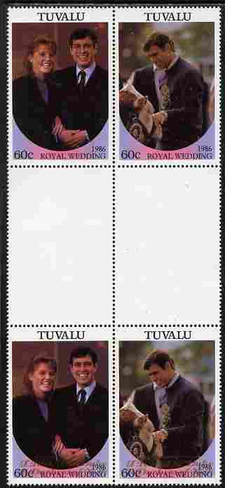 Tuvalu 1986 Royal Wedding (Andrew & Fergie) 60c with 'Congratulations' opt in gold in unissued perf inter-paneau block of 4 (2 se-tenant pairs) with overprint inverted on one pair unmounted mint from Printer's uncut proof sheet, minor wrinkles, stamps on royalty, stamps on andrew, stamps on fergie, stamps on 