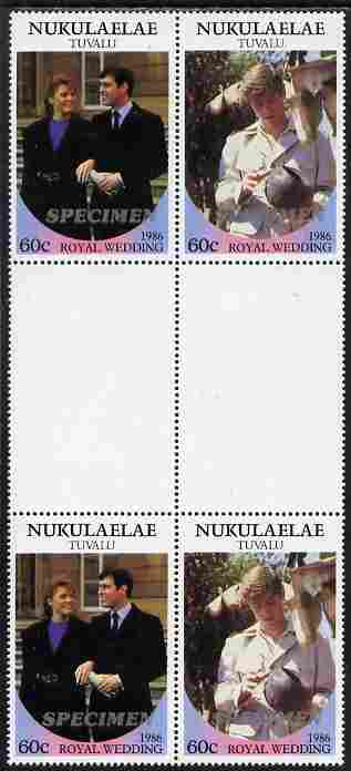 Tuvalu - Nukulaelae 1986 Royal Wedding (Andrew & Fergie) 60c perf inter-paneau gutter block of 4 (2 se-tenant pairs) overprinted SPECIMEN in silver (Italic caps 26.5 x 3 mm) unmounted mint from Printer's uncut proof sheet, stamps on royalty, stamps on andrew, stamps on fergie, stamps on 