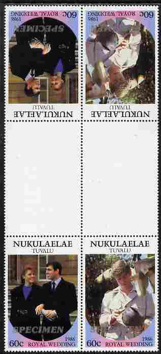 Tuvalu - Nukulaelae 1986 Royal Wedding (Andrew & Fergie) 60c perf tete-beche inter-paneau gutter block of 4 (2 se-tenant pairs) overprinted SPECIMEN in silver (Italic caps 26.5 x 3 mm) unmounted mint from Printer's uncut proof sheet, stamps on royalty, stamps on andrew, stamps on fergie, stamps on 