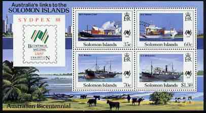 Solomon Islands 1988 Bicentenary of Australian Settlement & Sydpex '88 Stamp Exhibition perf m/sheet unmounted mint, SG MS 630, stamps on stamp exhibitions, stamps on ships