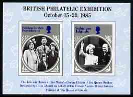 Exhibition souvenir sheet for 1985 British Philatelic Exhibition showing imperf Queen Mother stamps from Falklands & Solomon Is, unmounted mint, stamps on stamp exhibitions, stamps on queen mother, stamps on royalty, stamps on churchill