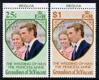 St Vincent - Grenadines 1973 Royal Wedding marginal set of 2 unmounted mint with BEQUIA printed in margin, stamps on royalty, stamps on anne, stamps on mark