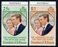 St Vincent - Grenadines 1973 Royal Wedding marginal set of 2 unmounted mint with MAYREAU printed in margin, stamps on royalty, stamps on anne, stamps on mark