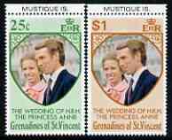 St Vincent - Grenadines 1973 Royal Wedding marginal set of 2 unmounted mint with MUSTIQUE IS printed in margin, stamps on royalty, stamps on anne, stamps on mark