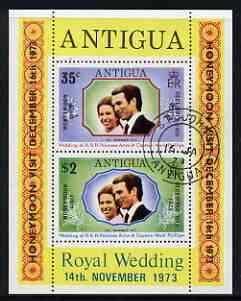 Antigua 1973 Royal Wedding m/sheet opt'd for 'Honeymoon Visit' fine cds used, SG MS 375, stamps on royalty, stamps on anne, stamps on mark