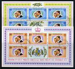 Dominica 1973 Royal Wedding set of 2 each in sheetlets of 5 plus label fine cds used, stamps on royalty, stamps on anne, stamps on mark