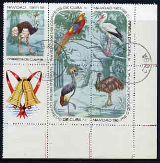 Cuba 1967 Christmas (Birds) block of 6 (the 5 x 1c values plus label) cto used, SG 1556 & 1559a/d, stamps on christmas, stamps on birds, stamps on stork, stamps on crane, stamps on emu, stamps on ostrich, stamps on pheasant