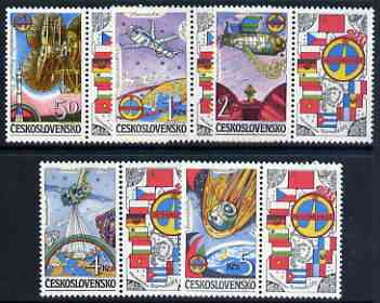Czechoslovakia 1984 Interkosmos Space Flights perf set of 5 each se-tenant with label, unmounted mint SG 2724-28, stamps on space, stamps on flags, stamps on salyut, stamps on soyuz