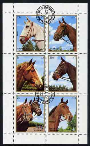 Sharjah 1972 Horses perf sheetlet containing 6 values fine cto used, stamps on horses