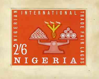 Nigeria 1962 International Trade Fair - original hand-painted artwork for 2s6d value showing scales, possibly by R Hegeman on board 135 x 103 mm, stamps on business