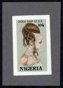 Nigeria 1987 Womens Hairstyles - imperf machine proof of 10k value (as issued stamp) mounted on small piece of grey card believed to be as submitted for final approval, stamps on fashion, stamps on women, stamps on hair