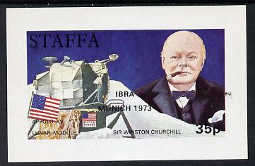 Staffa 1972 Pictorial imperf souvenir sheet (35p value) Churchill & Luna Module (opt'd IBRA Munich 1973) unmounted mint, stamps on churchill, stamps on personalities, stamps on space, stamps on stamp exhibitions