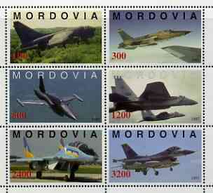 Mordovia Republic 1997 Modern Jets perf sheetlet containing complete set of 6 values unmounted mint, stamps on , stamps on  stamps on aviation