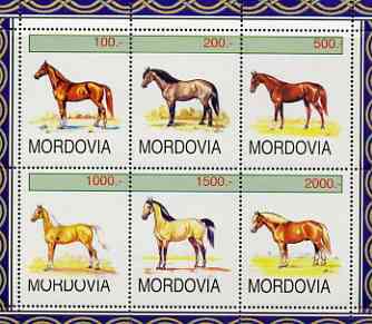 Mordovia Republic 1998 (?) Horses perf sheetlet containing complete set of 6 values unmounted mint, stamps on animals, stamps on horses