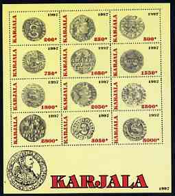Karjala Republic 1997 Early Coins perf sheetlet containing complete set of 12 values unmounted mint, stamps on coins