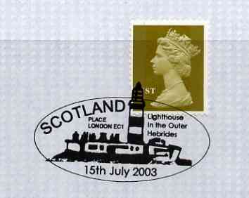 Postmark - Great Britain 2003 cover for Scotland Lighthouse with illustrated Scotland Place cancel, stamps on lighthouses, stamps on scots, stamps on scotland
