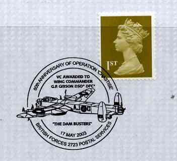 Postmark - Great Britain 2003 cover for 60th Anniversary of Operation Chastise with illustrated cancel showing Lancaster Bomber insc VC Awarded to Wg Cdr G Gibson DSO DFC..., stamps on , stamps on  ww2 , stamps on , stamps on dams, stamps on victoria cross, stamps on medals, stamps on aviation, stamps on lancasters