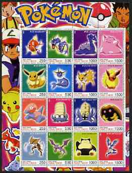 Timor (East) 2001 Pokemon #09 (characters nos 129-144) perf sheetlet containing 16 values unmounted mint, stamps on pokemon, stamps on children, stamps on cartoons, stamps on films