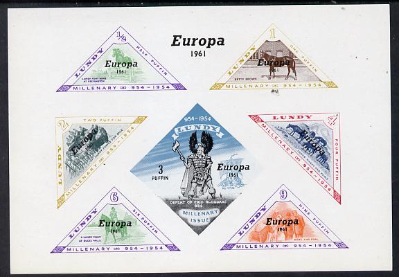 Lundy 1961 Europa opt on Horses imperf m/sheet (Horses & Viking) containing (triangular) set of 7 unmounted mint, stamps on animals, stamps on europa, stamps on horses, stamps on triangulars, stamps on vikings