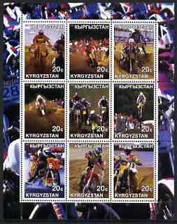 Kyrgyzstan 2001 Trials Motorcycles perf sheetlet containing 9 values unmounted mint, stamps on , stamps on  stamps on motorbikes, stamps on  stamps on sport