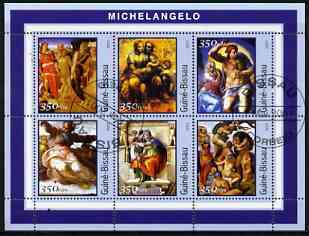 Guinea - Bissau 2001 Paintings by Michelangelo perf sheetlet containing 6 values cto used, stamps on arts, stamps on michelangelo, stamps on renaissance