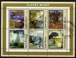 Guinea - Bissau 2001 Paintings by Claude Monet perf sheetlet containing 6 values cto used, stamps on arts, stamps on monet, stamps on umbrellas