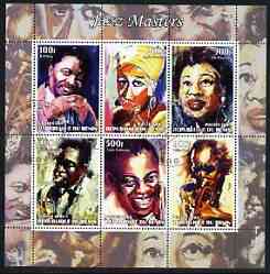 Benin 2003 Jazz Masters #1 (B B King, Ella, Aretha Franklin, C Parker, Louis & Miles Davis) perf sheetlet containing 6 values cto used, stamps on music, stamps on entertainments, stamps on jazz, stamps on ella, stamps on 
