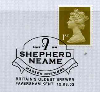 Postmark - Great Britain 2003 cover for Shepherd Neame, Britain's Oldest Brewer with illustrated cancel, stamps on alcohol, stamps on beer