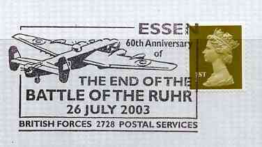 Postmark - Great Britain 2003 cover for 60th Anniversary of End of the Battle of the Ruhr illustrated with a Lancaster Bomber, stamps on , stamps on  ww2 , stamps on aviation, stamps on battles, stamps on lancasters