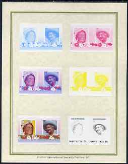 St Lucia 1985 Life & Times of HM Queen Mother (Leaders of the World) 75c set of 7 imperf progressive proof pairs comprising the 4 individual colours plus 2, 3 and all 4 colour composites mounted on special Format International cards (as SG 834a), stamps on royalty, stamps on queen mother