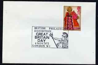 Postmark - Great Britain 1972 cover bearing illustrated cancellation for British Philatelic Exhibition, Great Britain Day, stamps on postal, stamps on stamp exhibitions, stamps on 