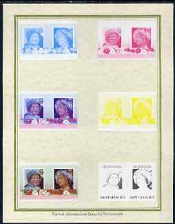 St Lucia 1985 Life & Times of HM Queen Mother (Leaders of the World) $1.75 set of 7 imperf progressive proof pairs comprising the 4 individual colours plus 2, 3 and all 4 colour composites mounted on special Format International cards (as SG 838a), stamps on royalty, stamps on queen mother