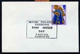 Postmark - Great Britain 1972 cover bearing illustrated cancellation for British Philatelic Exhibition, Post Office Day, stamps on postal, stamps on stamp exhibitions, stamps on 