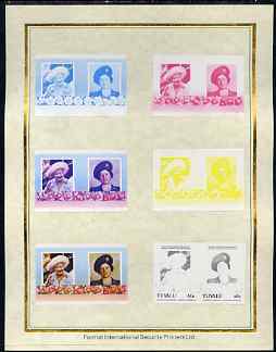 Tuvalu 1985 Life & Times of HM Queen Mother (Leaders of the World) 60c set of 7 imperf progressive proof pairs comprising the 4 individual colours plus 2, 3 and all 4 colour composites mounted on special Format International cards (7 se-tenant proof pairs as SG 338a), stamps on royalty, stamps on queen mother