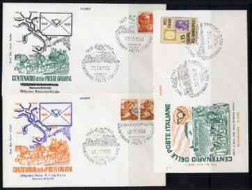 Italy 1962 set of 3 illustrated covers with special commem cancels for Centenary of Italian Posts, stamps on stamp centenary, stamps on stamp on stamp, stamps on , stamps on stamponstamp