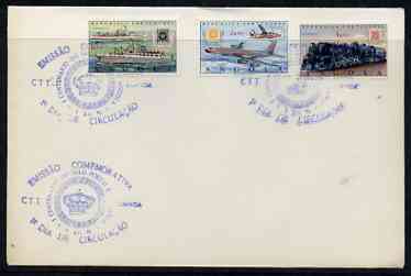 Angola 1970 Stamp Centenary perf set of 3 on plain cover with first day cancel, stamps on stamp centenary, stamps on stamp on stamp, stamps on ships, stamps on aviation, stamps on railways, stamps on fokker, stamps on boeing, stamps on stamponstamp