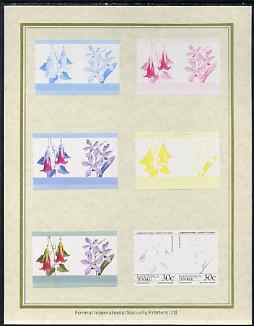 Tuvalu - Nanumaga 1985 Flowers (Leaders of the World) 30c set of 7 imperf progressive proof pairs comprising the 4 individual colours plus 2, 3 and all 4 colour composite..., stamps on flowers   orchids