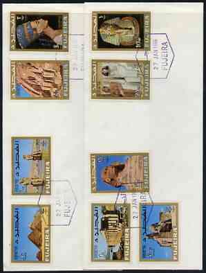 Fujeira 1966 Stamp Centenary Exhibition perf set of 9 on 2 plain covers with first day cancels, stamps on stamp centenary, stamps on egyptology, stamps on stamp exhibitions, stamps on tourism