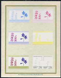 Tuvalu - Nanumaga 1985 Flowers (Leaders of the World) 50c set of 7 imperf progressive proof pairs comprising the 4 individual colours plus 2, 3 and all 4 colour composites mounted on special Format International cards (7 se-tenant proof pairs), stamps on flowers   orchids