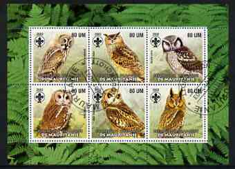 Mauritania 2002 Birds of Prey #6 perf sheetlet containing 6 values cto used (Owls) each with Scout logo, stamps on birds, stamps on birds of prey, stamps on owls, stamps on scouts