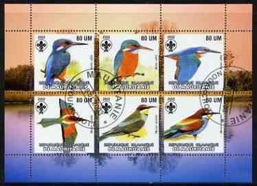 Mauritania 2002 Kingfishers perf sheetlet containing 6 values cto used each with Scout logo, stamps on birds, stamps on kingfisher, stamps on scouts