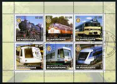 Mauritania 2002 Railway Locos #1 perf sheetlet containing 6 values cto used each with Rotary logo, stamps on railways, stamps on rotary