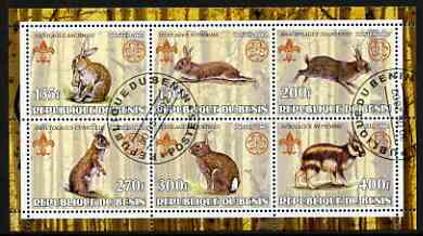 Benin 2002 Rabbits & Hares perf sheetlet containing set of 6 values, each with Scouts & Guides Logos cto used, stamps on scouts, stamps on guides, stamps on animals, stamps on rabbits, stamps on hares