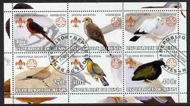 Benin 2002 Pigeons perf sheetlet containing set of 6 values, each with Scouts & Guides Logos cto used, stamps on scouts, stamps on guides, stamps on birds, stamps on pigeons