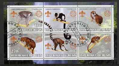 Benin 2002 Lemurs perf sheetlet containing set of 6 values, each with Scouts & Guides Logos cto used, stamps on scouts, stamps on guides, stamps on animals, stamps on lemurs, stamps on apes