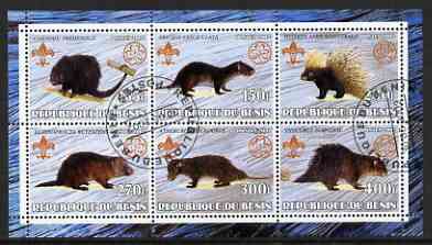 Benin 2002 Porcupines perf sheetlet containing set of 6 values, each with Scouts & Guides Logos cto used, stamps on scouts, stamps on guides, stamps on animals, stamps on porcupines