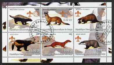 Congo 2002 Martens etc perf sheetlet containing set of 6 values, each with Scouts & Guides Logos cto used, stamps on , stamps on  stamps on scouts, stamps on  stamps on guides, stamps on  stamps on animals, stamps on  stamps on martens, stamps on  stamps on badgers