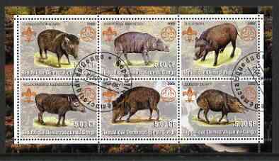Congo 2002 Hogs perf sheetlet containing set of 6 values, each with Scouts & Guides Logos cto used, stamps on , stamps on  stamps on scouts, stamps on  stamps on guides, stamps on  stamps on animals, stamps on  stamps on hogs, stamps on  stamps on swine