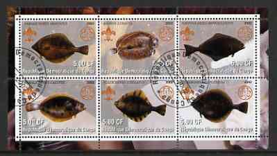 Congo 2002 Fish #3 (flat fish) perf sheetlet containing set of 6 values, each with Scouts & Guides Logos cto used, stamps on scouts, stamps on guides, stamps on fish